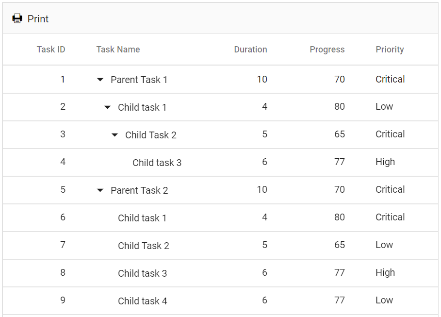 Printing in Blazor TreeGrid